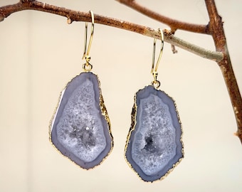 Grey Agate Druzy Earrings, Gold-Plated Sterling Silver Dangles
