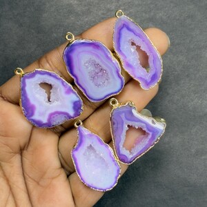 Natural Agate Druzy Slice Connectors, Gold Plated Gemstone Charms for DIY Jewelry