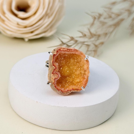Orange Druzy Agate Ring • Adjustable 925 Sterling Silver Geode