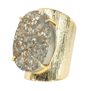 Pyrite Druzy Cuff Ring | Adjustable Brass Ring for Women | 18K Gold Plated Raw Crystal Jewelry | Bold Boho Statement Gift Ring For Her/Him