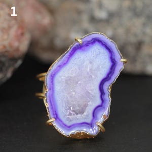 Geode Druzy Slice Ring | Bold Agate Adjustable Ring | Gold Electroplated Brass Statement Ring | Raw Crystal Handmade Jewelry Gift For Her