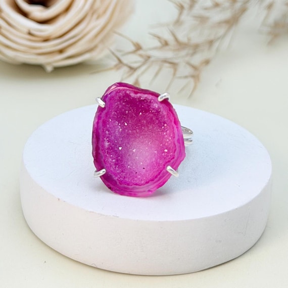 Pink Druzy Agate Ring • Sterling Silver Adjustable Statement Ring