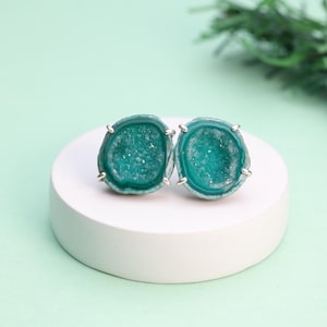 Green Druzy Agate Stud Earrings, Sterling Silver Geode Slice Jewelry