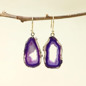 Lila Achat Geode Druzy Ohrringe | 925 Sterling Silber Gelb Gold Plated Handmade Ohrringe | Edelstein Schmuck Geschenk für sie