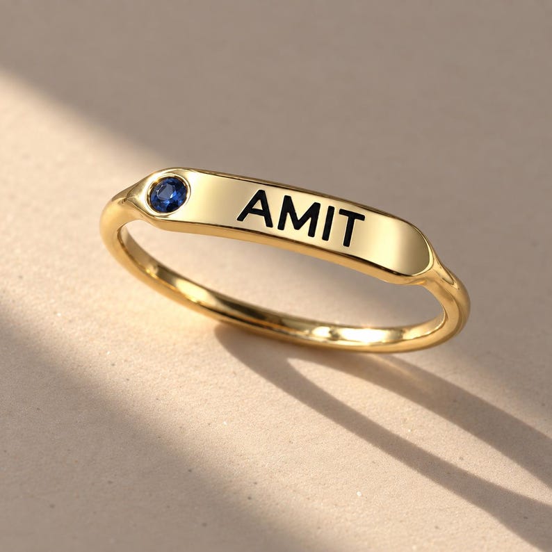 Signet Ring R Initial Personalized Name Ring β’ Custom Engraved Birthstone Ring β’ Initial Name ...