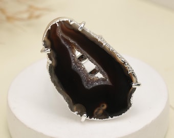 Black Agate Geode Ring, Silver Plated Brass, Raw Crystal Slice Statement Ring, Druzy Jewelry