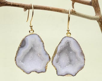 White Agate Druzy Earrings, Gold Plated Sterling Silver, Handmade Statement Jewelry