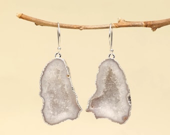 Natural White Agate Geode Earrings, Silver Plated Brass, Boho Statement Jewelry