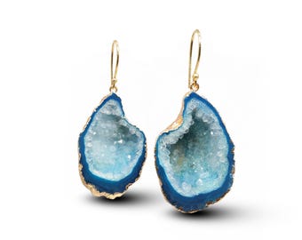 Gold Plated Geode Druzy Dangle Earrings, Boho Agate Statement Jewelry