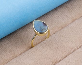 Labradorite Teardrop Ring | Gold Plated Brass, Handmade Boho Jewelry