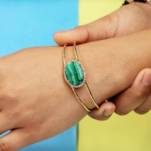 Malachite Cuff Bangle Bracelet | Adjustable Gold Plated Statement Bracelet | Textured Finish Brass Boho Jewelry | Handmade Gift for Her