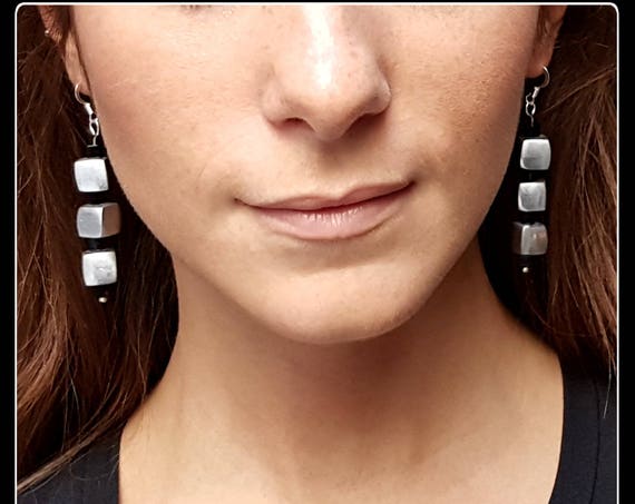 Silver Aluminum Earrings with Black and Silver Glass Cubes - Silver and Black - Light - Geometric - Black and White Contrast.
