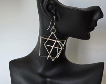 Three-dimensional cube earrings, White Bronze plated brass