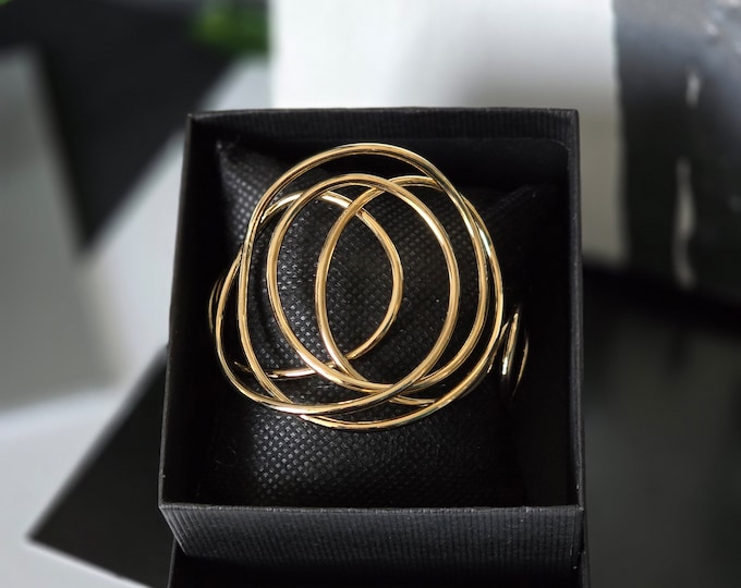 Featured listing image: Large "Abstract" bracelet, in light gold plated brass, rigid band, with a contemporary, abstract and extravagant design.