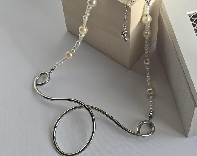 Featured listing image: Modern pearl necklace with contemporary pendant. Unique handmade jewelry. Statement jewelry design.