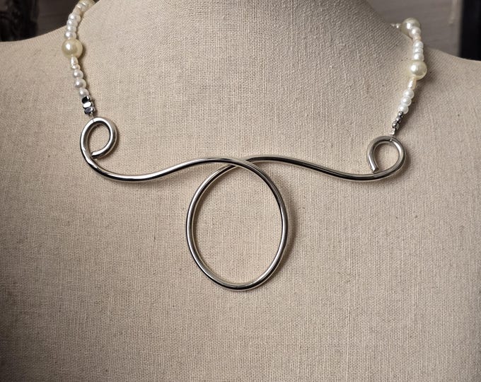 Featured listing image: Pearl necklace with contemporary pendant. Unique handmade jewelry. Statement necklace.