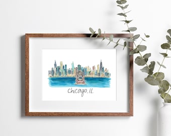 May include: A watercolor painting of the Chicago skyline with the text "Chicago, IL" below. The skyline features the Willis Tower, the John Hancock Center, and the Wrigley Building.