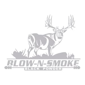 May include: A black and white illustration of a large buck with antlers standing in a field of grass. The text "Blow-N-Smoke Black Powder" is below the buck.