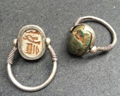 Stone scarab beetle hinged silver ring - Ancient Egypt