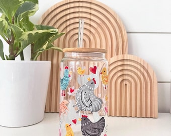 Floral Chicken Beer Glass Can Cup: Farmhouse Decor Gift