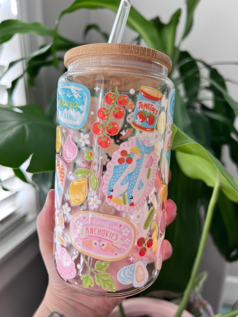 Italian Summer Sardines Glass Cup: Coastal Coquette Iced Coffee Tumbler, Aesthetic Iced Coffee Tumbler image 1