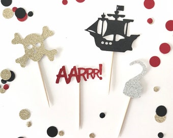 Pirate Cupcake Toppers, Ahoy Matey, Shiver me timbers, Skull Crossbones, Pirate Ship, Pirate Birthday Theme, Nautical