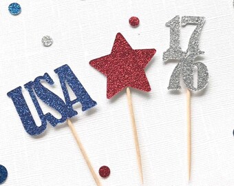 4th of July Glitter Cupcake Toppers: USA, Star, 1776
