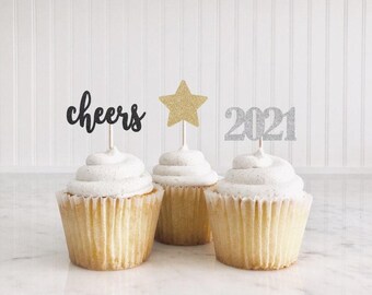 Glitter New Years Eve Cupcake Toppers: Cheers, Star, 2023 (12ct)