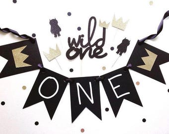 Wild One Birthday Decor: Cake Topper, Crown Cupcake Toppers & Banner