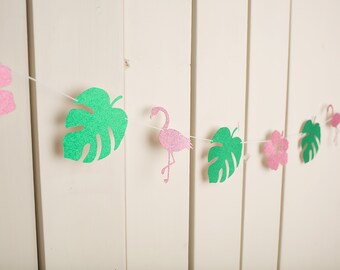 Flamingo Garland - luau - Fiesta Party - Birthday Garland - Bunting - First Birthday - Tropical Flamingo Banner - Palm Leaves - jungle Party