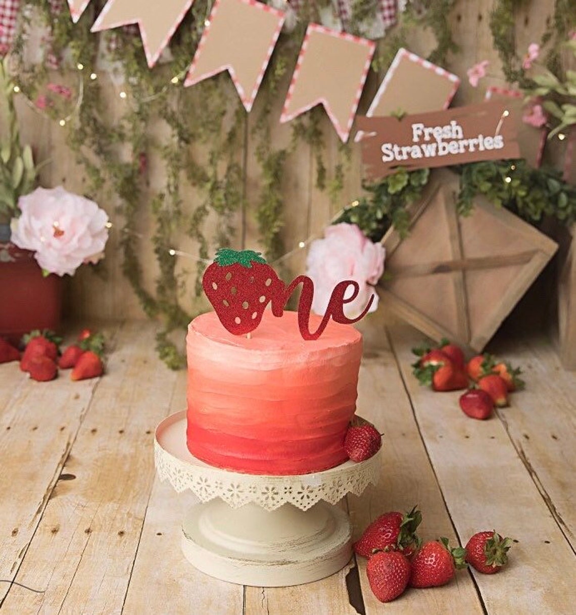 Strawberry Cake Topper One Cake Topper Strawberry Cake Etsy