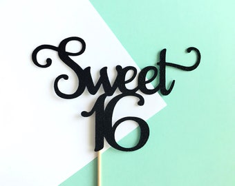 Sweet 16 Glitter Cake Topper - Sweet Sixteenth Birthday Party - 16th Birthday Party Cake Sign - Glitter Gold Cake Topper -Milestone Birthday