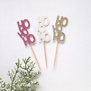 Adornos para cupcakes Ho ho ho, decoración para fiestas navideñas, decoración para fiestas navideñas, decoración navideña rosa, adornos para tartas con purpurina, decoración navideña en colores pastel