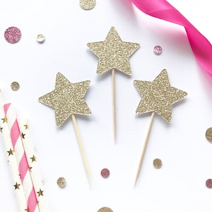 Adornos para cupcakes con forma de estrella - Twinkle Twinkle Little Star - Decoración para baby shower - Adornos para cupcakes con purpurina - Primer cumpleaños