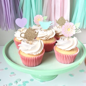 Floral Cupcake Toppers - First Birthday Party Decor - Mothers Day Tea - Wonderland Party Theme - Through the looking Glass - High Tea