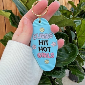 Curbs Hit Hot Girls Motel Keychain, Funny Retro Keychain, Car Key Accessory, New Driver Gift, First Time Driver, Bad Driver Award