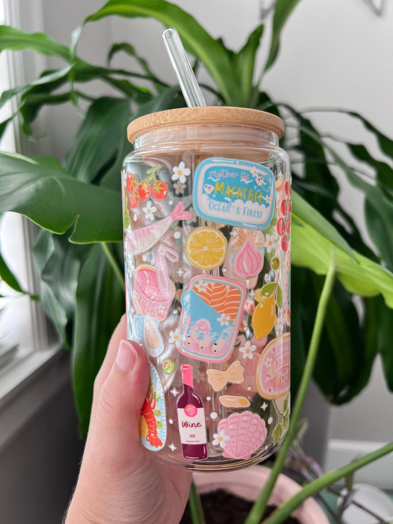 Italian Summer Sardines Glass Cup: Coastal Coquette Iced Coffee Tumbler, Aesthetic Iced Coffee Tumbler image 4