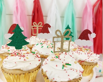 12 Christmas Cupcake Toppers - Cupcake Toppers - Dessert Picks - For you Santa - Glitter Cupcake Toppers  - Holiday Party Decor -