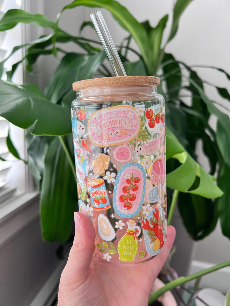 Italian Summer Sardines Glass Cup: Coastal Coquette Iced Coffee Tumbler, Aesthetic Iced Coffee Tumbler image 3