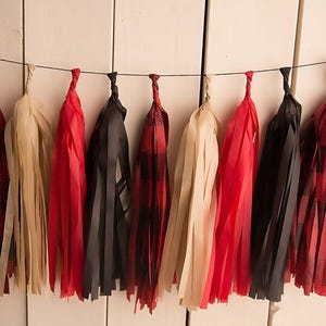 Buffalo Plaid Tassel Banner: Lumberjack Party Decor image 1