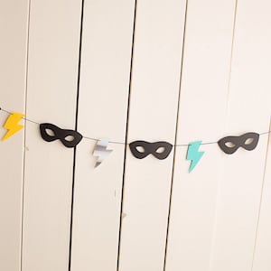 Superhero Birthday Party Garland: Masks & Lightning Bolts
