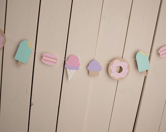 Sweet Treats Garland, Sweet One First Birthday Party, Ice Cream, Donuts, Macaroon, Cupcake,  Bakery Birthday Party Decor, Two Sweet