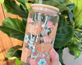 Capybara Floral Glass Iced Coffee Cup with Bamboo Lid