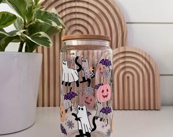 Halloween Ghost Black Cats Glass Cup, Spooky Season Iced Coffee Cup, Coffee Lovers Gift Idea, Aesthetic Iced Coffee Tumbler