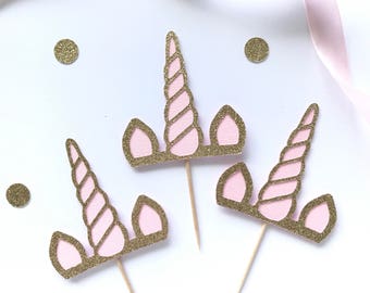 Unicorn Cupcake Toppers, Unicorn Horn Party Decor, Girls Party, Glitter Cake Toppers, First Birthday