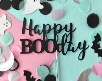 Happy Boo Day Cake Topper: Black Glitter Halloween Birthday Decor