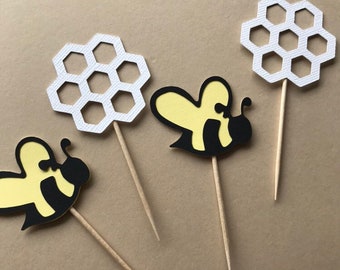 12 ct Bee Cupcake Toppers, Bee Birthday Party Decor, baby shower, Bee Decorations, First Birthday, bumblebee. honeycomb, what will it bee