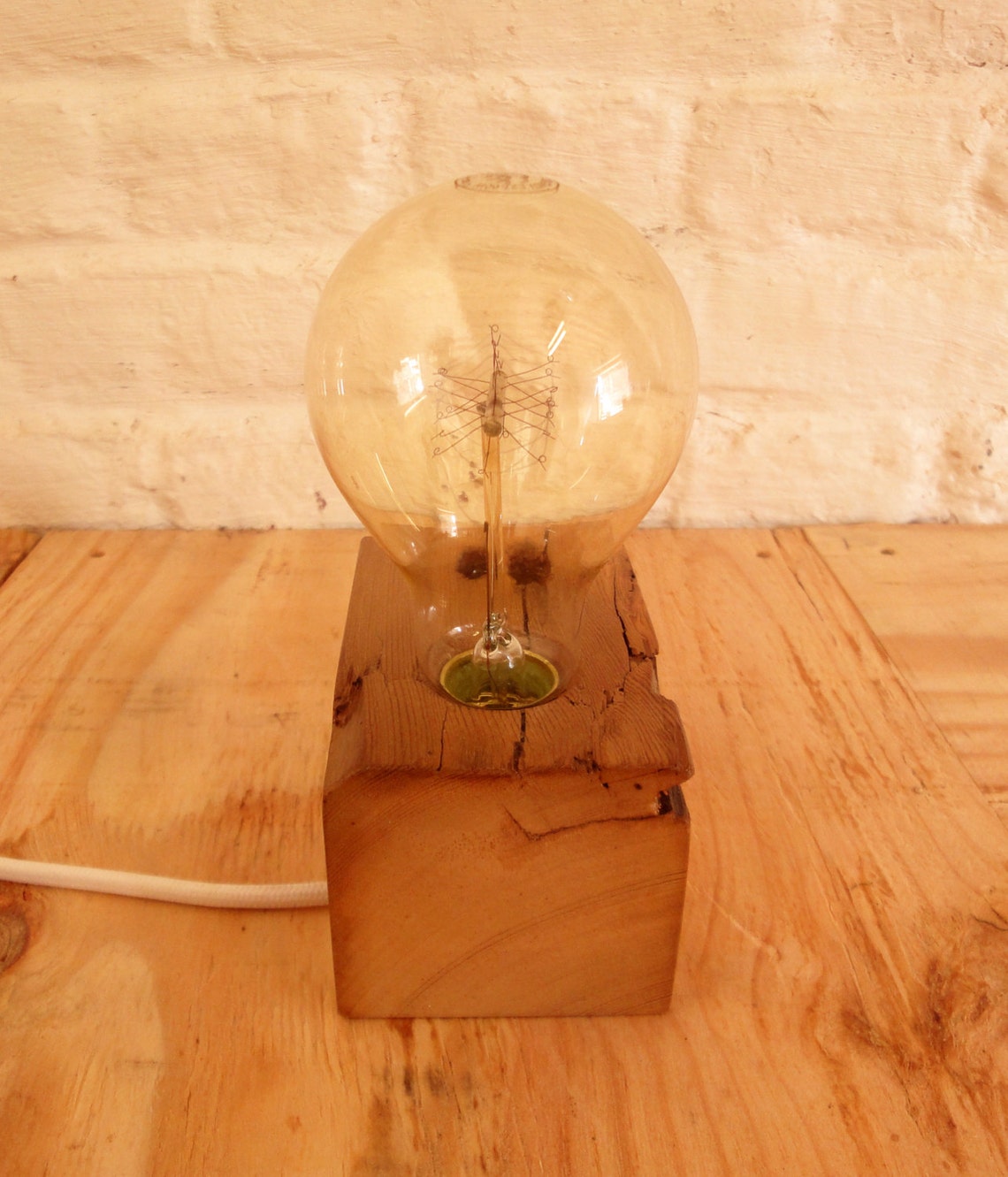 Wooden Block Lamp With Edison Light Bulb Made From Reclaimed Etsy