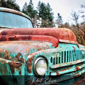 May include: A vintage, rusty, teal blue pickup truck with a red hood. The truck is partially obscured by trees in the background.