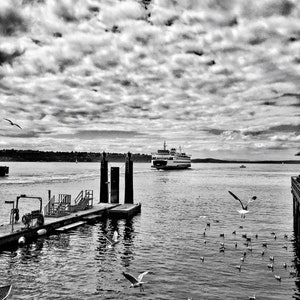 May include: Black and white photograph of a ferry boat on the water, with a dock in the foreground and seagulls flying. The sky is filled with clouds. The photographer's signature is at the bottom.